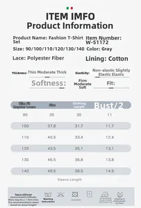 Detailed size chart for girls lace T-shirt and tutu skirt set with washing info