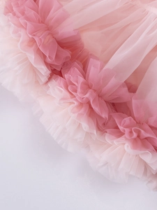Detail of layered pink mesh tutu skirt showing dense ruffled layers and ombre texture