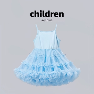 Detailed view of sky blue tutu dress featuring tiered mesh layers and small bow accents