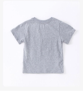 Detail of grey marl short sleeve t-shirt back with cotton texture and neat stitching