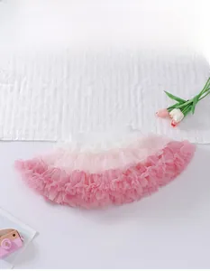 Detail showing gradient pink tutu skirt with layered tulle fabric and elastic waistband