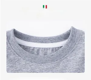 Detail of the ribbed round neckline on a melange grey knit T-shirt for girls
