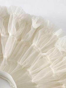 Detailed macro view of white tiered mesh fabric and ruffled lace hem on the tutu skirt