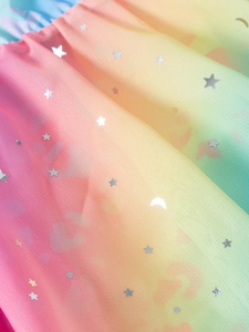 Détail du tissu arc-en-ciel de robe de ballet avec léopard et paillettes argentées