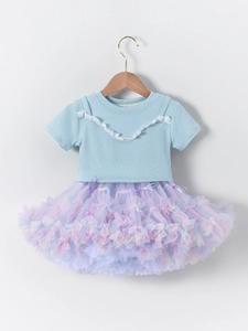 Ensemble Deux Pièces T-Shirt en Coton Nylon et Jupe Tutu en Maille pour Filles Tenue de Princesse Arcobaleno Rose