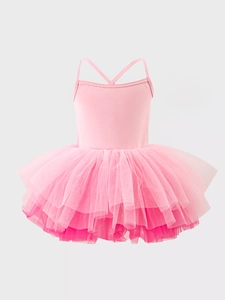 Pink girls ballet tutu dress with tiered mesh skirt and criss-cross back straps