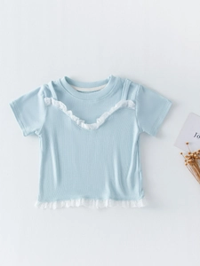 T-shirt bleu clair à manches courtes pour filles avec dentelle et coton côtelé doux