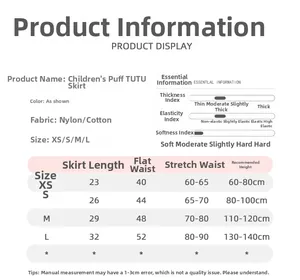 Detailed size chart for kids fluffy tutu skirt with length and waist measurements