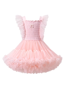 Robe de Princesse Tutu pour Filles Buste Smoké Tulle Filet Manches Volantes Nœud en Künstliche Perles Robe d'Anniversaire Fête Mariage Doublure en Coton Vêtements Enfants