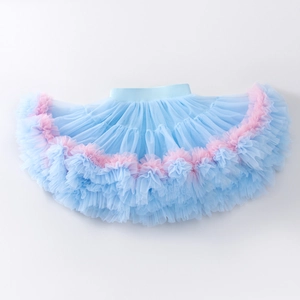 Detail view of light blue multi-layer mesh tutu skirt with soft pink ruffled edges