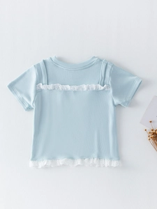 T-shirt côtelé bleu clair pour fille avec dentelle blanche et ensemble jupe tutu arc-en-ciel