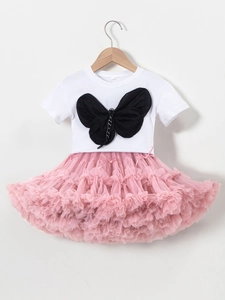 Abbigliamento Estivo per Bambine Top in Cotone a Maniche Corte Con Gonna Tutu in Maglia Fiocco Principessa Strass