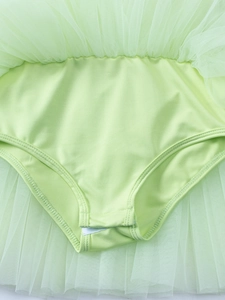Detail view of mint green ballet tutu with elastic mesh tulle and crotch closure