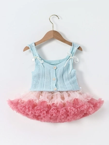 Set Due Pezzi da Ragazza Gilet in Maglia e Gonna Tutu Top Senza Maniche in Rete Abito in Tulle Arcobaleno Dolce Completo Bambini
