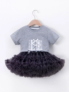 Girls Sweet Short Sleeve Lace Cotton T-Shirt And Multi-Layer Mesh Tutu Skirt Two-Piece Clothing Set Summer Kids Bow Princess Outfit