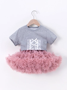 Girls sweet short sleeve tutu dress set with lace detail and fluffy pink mesh skirt