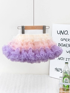 Girls rainbow gradient tutu skirt with tiered mesh layers and elegant ruffles