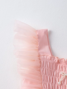 Robe rose pour fille avec manches en tulle et bustier froncé orné de perles