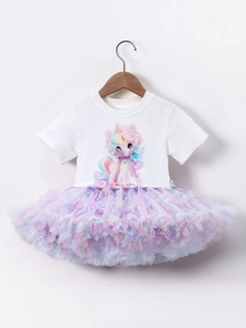 Ensemble T-Shirt Licorne et Jupe Tutu pour Filles Été Manches Courtes en Coton et Maille Arc-en-Ciel