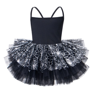 Detail of children's black ballet tutu with silver spider web print for Halloween