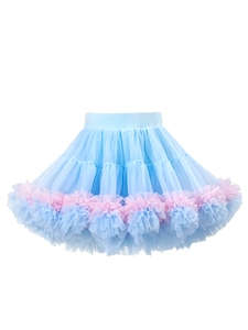 Light blue tutu skirt for girls with pink and blue ruffled mesh edges and elastic waist