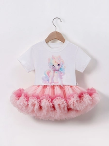 Ensemble d'été pour fille avec t-shirt licorne et jupe tutu rose en tulle doux