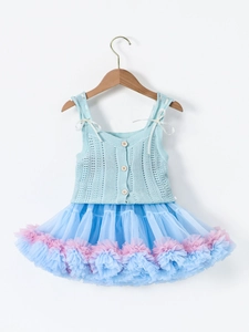 Set bambina con top in maglia traforata e gonna tutu blu con fiocchi di seta