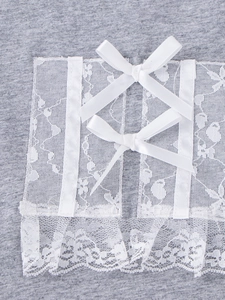 Girls sweet grey knit top with delicate white lace panel and satin bow details