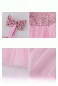 Detailed views of girls' pink sequin mesh party dress showing bow collar and tulle layers