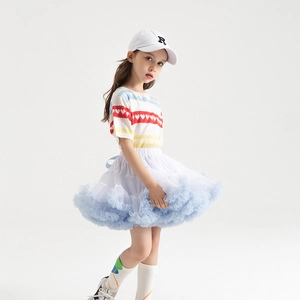Detail of girls' rainbow striped knit top and tiered puffy tutu skirt outfit