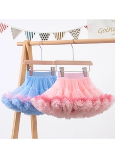 Girls layered tulle tutu skirt in pastel blue and pink with comfortable elastic waist