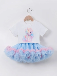 Ensemble d'été 2 pièces pour fille avec t-shirt licorne et jupe tutu en tulle multicouche
