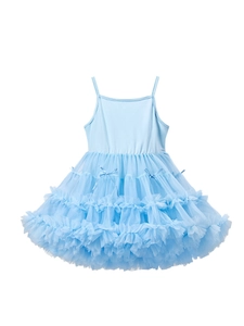 Light blue tutu princess dress for girls with layered mesh ruffles and bow tie detail