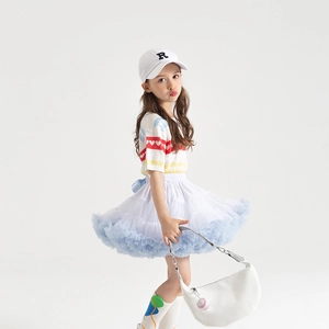 Girls summer outfit featuring white tutu skirt with blue mesh layers and striped heart tee