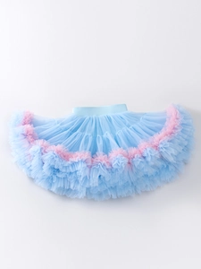 Light blue gradient tulle tutu skirt with pink frilled edges and elastic waist for girls