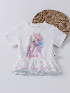 T-shirt blanc fille motif licorne avec ourlet à volants et nœud 3D, vue à plat