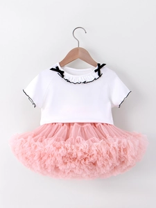 Girls Summer Clothing Set Short Sleeve Ruffle Trim T-Shirt And Pink Mesh Tutu Skirt Two Piece Sweet Casual Outfit For Kids