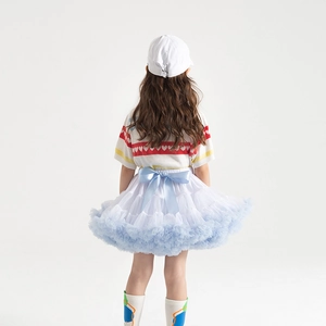 Rear view of puffy tutu skirt featuring layered blue gradient mesh and a satin bow