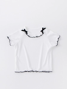 Girls white ice silk rib knit top with lace trim and black bows for summer outfits