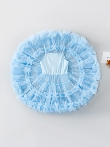 Light blue tutu princess dress for girls with multilayered tulle skirt and thin straps