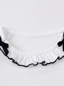 Girls white ice silk short sleeve top with lace collar and black bows summer outfit