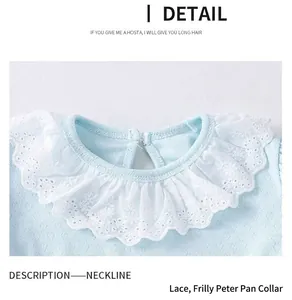 Détail de haut en tricot bleu clair pour filles avec col poupée en dentelle brodée