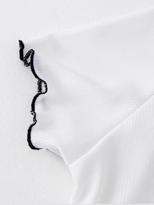 Girls white ice silk short sleeve T-shirt with lettuce trim and black contrast stitching