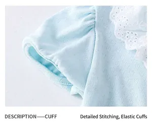 Détail de la manche bouffante bleu clair avec motif ajouré et dentelle élégante