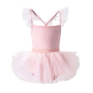 Justaucorps de ballet rose pour filles avec volants en résille et jupe tutu vaporeuse