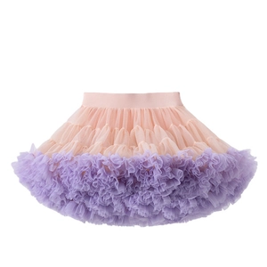 Detailed view of layered pink and purple tulle layers on a puffy girl's tutu skirt