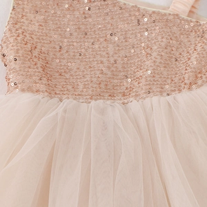 Detail of sequins and champagne mesh tulle layers on this girl's festive party dress