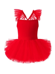 Gros plan sur un tutu de ballet rouge avec manches en tulle et jupe en maille fine