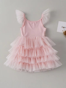 Robe de princesse rose à volants en tulle pour filles avec manches à volants et sequins