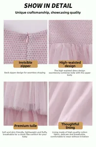Detail view of pink girl dress with invisible zipper, high waist and soft tulle fabric